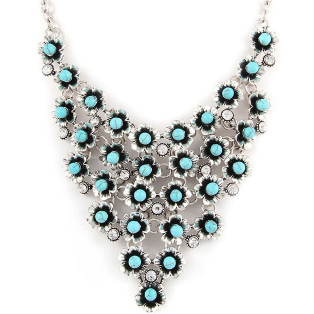 Silver Turquoise Flower Necklace - Adjustable NWT